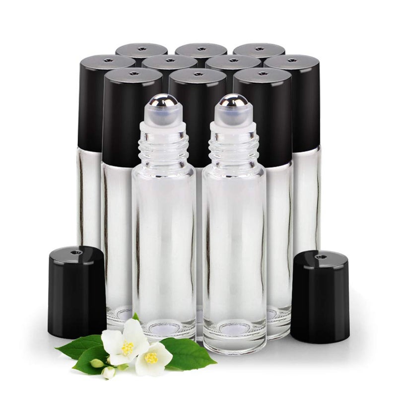 sungwoo 12 Pack Essential Oil Roller Bottles  10ml Clear Glass Roller Bottles with Stainless Steel Roller Balls and Caps for Travel  Perfume and Lip Gloss - Image 1